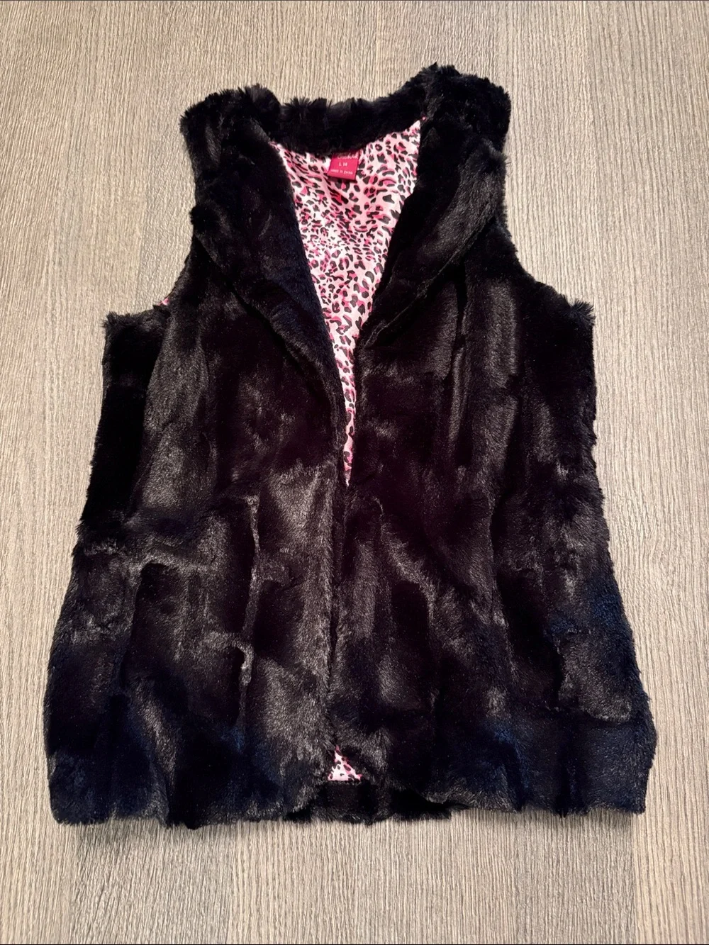 Girls' Black Faux Fur Vest with Pink Leopard Lining